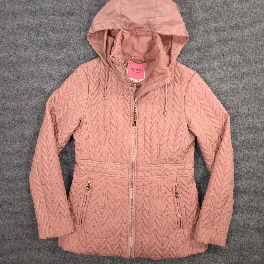 Kate Spade Jacket Womens‎ Small Pink Quilted Puffer Stowaway Hood Gold Zippers